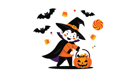 Cute cartoon vampire boy in a witch hat and cape trick-or-treating with a pumpkin basket surrounded by bats and candy.