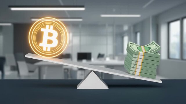 Digital currency symbol glowing balancing against stacks of paper money on a financial scale in a modern corporate office