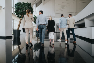 A diverse group of coworkers stroll through a bright, contemporary office lobby, dressed in business and smart casual outfits.