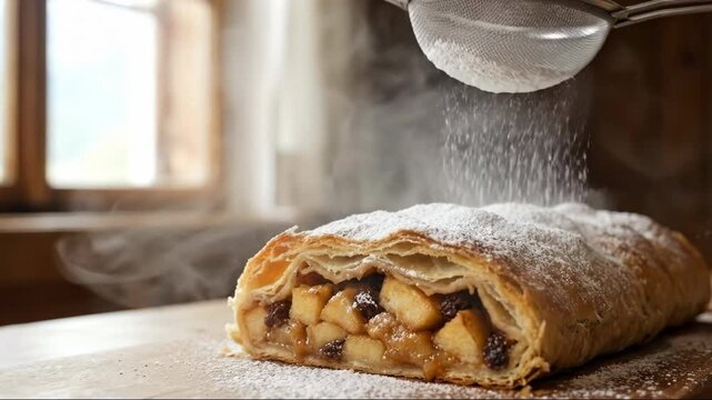 Dusting warm apple strudel with powdered sugar, cozy close-up.
