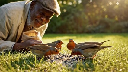 Elderly Man Feeding Wild Robins in Golden Hour Sunlight