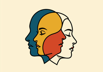 Abstract multicolored line art faces overlapping in contemporary design