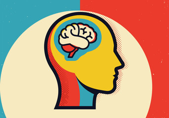 Colorful human head with brain in retro pop art style
