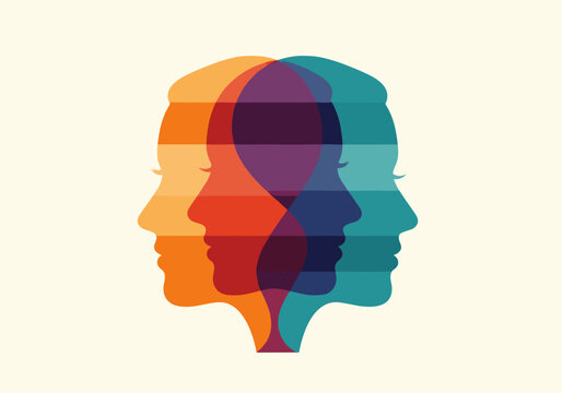 Abstract colorful overlapping silhouettes of human heads on light background