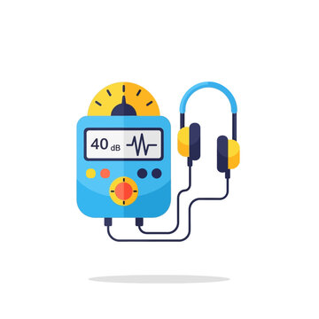 Stylized blue audiometer with a digital screen and connected headphones, a flat vector icon for hearing tests.
