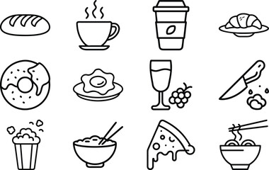 Minimalist Food & Drink Line Art Icon Set – Breakfast, Snacks, Coffee, Pastry, Pizza, Ramen, Wine, Asian Cuisine – Editable Black Outline Vector Bundle for Digital Use
