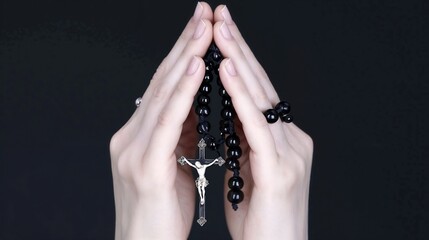 Hands praying with rosary beads, peaceful mood, spirit, Funeral Attributes, meditation branding, wellness campaigns, product advertising, : religious materials, spiritual retreats, church promotions