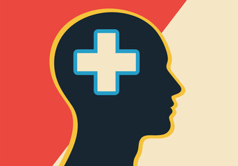 Obraz premium Mental health care concept with cross inside human silhouette in modern flat design