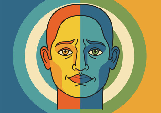 Colorful dual-faced abstract portrait with a retro vibe