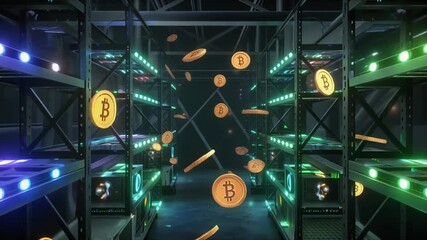 Golden digital currency coins raining through a high tech server room with colorful neon lights - Powered by Adobe