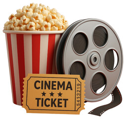 Popcorn bucket film reel and yellow cinema ticket on white background movie entertainment isolated on a transparent background