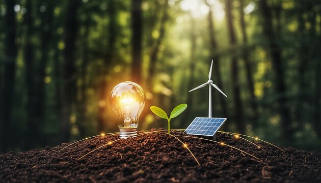 Embrace sustainable energy solutions with vibrant lightbulb, seedling, wind turbine