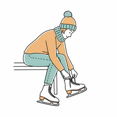 Young person tying ice skates while sitting on a bench in winter  
