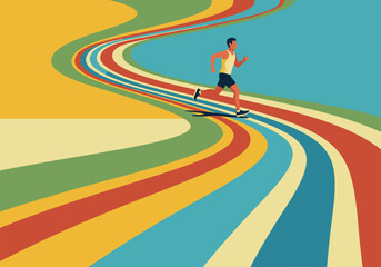 Dynamic runner on colorful abstract pathway in vibrant minimalist design