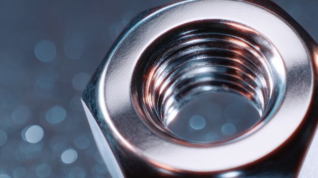 Close-up of a metal nut with a threaded end. the nut appears to be made of stainless steel and has a shiny, metallic finish.