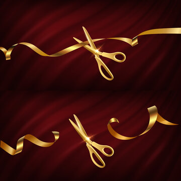 Ribbon gold scissors cut ceremony on red satin background. Golden clippers cutting tape symbolizing grand opening celebration and new start. Luxury design for business event. Vector illustration