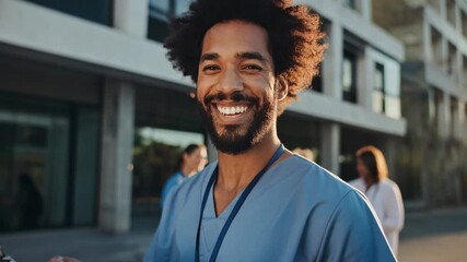 A cheerful and confident male nurse in scrubs smiles brightly, representing dedicated healthcare professionals outside a modern medical facility - Powered by Adobe