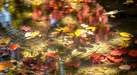 Macro Shallow Pool Reflection with Leaves and Sunlight Beams