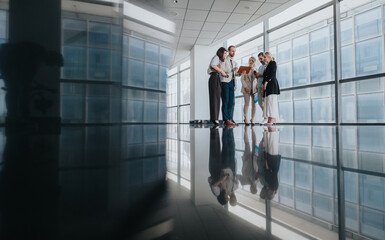 Diverse coworkers stand in a modern office corridor, sharing documents and ideas. A reflective, sleek floor adds drama as they collaborate and connect.