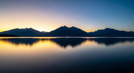 Obraz premium Mountain Silhouette Reflected on Water at Dawn – Panoramic Long-Exposure Scene