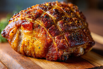 Roasted pork shoulder on a wooden cutting board.