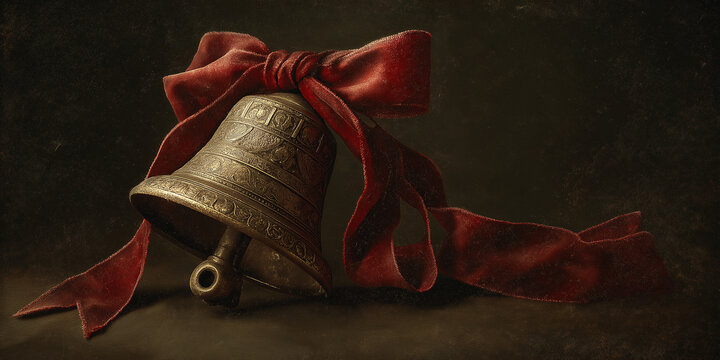 Christmas golden bell with a velvet red bow . Vintage stile