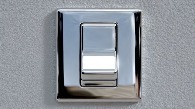 Close-up of a rectangular light switch cover. the cover is made of chrome and has a shiny finish. it is mounted on a gray wall with a textured surface.