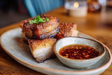 Crispy pork belly with chili dipping sauce served on a plate.