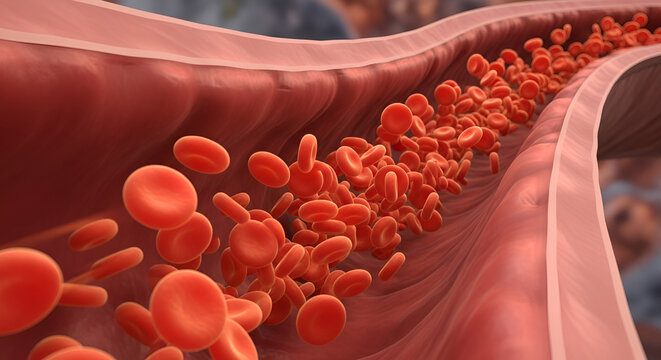 Red blood cells are flowing through an artery, a vein, or a capillary in this medical illustration
