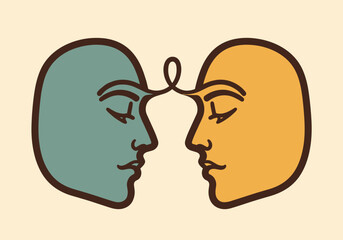 Abstract connection of two faces in minimalistic line art style