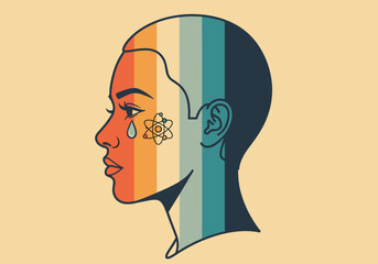 Colorful silhouette portrait with artistic atom design and tears