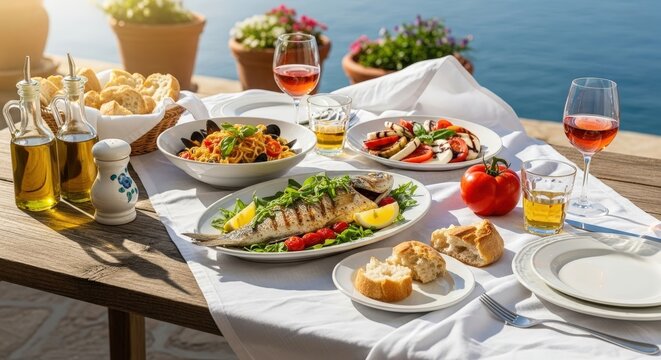 Mediterranean lunch with grilled fish, seafood pasta, salad, wine, and bread on a sunny outdoor table by the blue sea