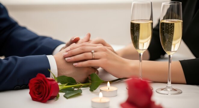 Closeup of a couple holding hands with engagement ring, champagne, and rose on a table - Powered by Adobe