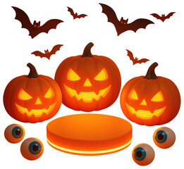 Spooky Halloween Scene with Jack-o-Lanterns Bats and Eyeballs on a Podium jackolantern pumpkin isolated on a transparent background