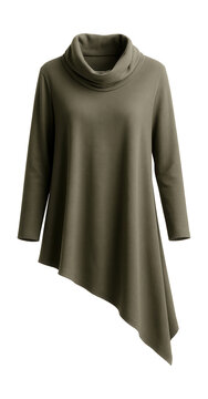 Lightweight tunic with asymmetrical hem and cowl neck design.