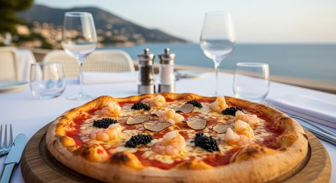 Gourmet pizza topped with shrimp, caviar, and truffle served at a luxurious outdoor restaurant with a beautiful sea view
