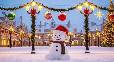Obraz premium Snowman with Santa hat sitting in snowy festive town square surrounded by decorated lampposts and shimmering holiday ornaments