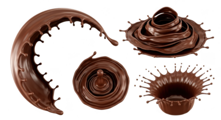 Various chocolate splash and swirl formations isolated on transparent background