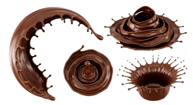 Various chocolate splash and swirl formations isolated on transparent background