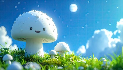 Smiling mushrooms in a whimsical, sunny landscape