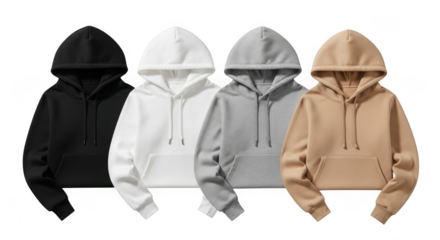 Four basic pullover hoodies in black, white, gray, and tan isolated on transparent background