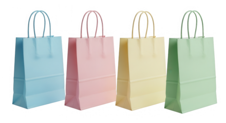 Four pastel colored paper gift bags isolated on transparent background