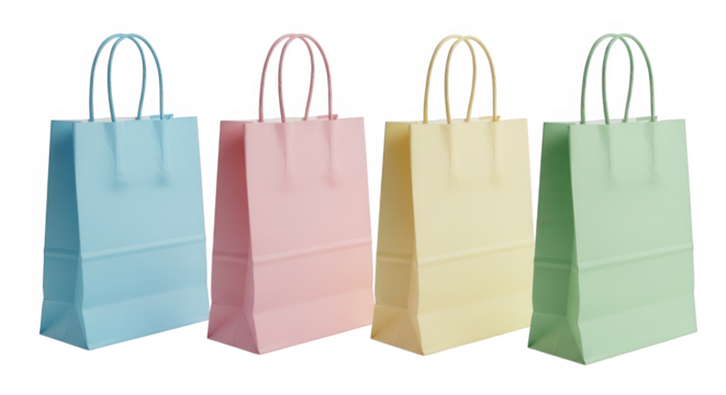 Four pastel colored paper gift bags isolated on transparent background