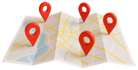 Six Red Location Pins Scattered on a Folded Paper Map with Streets and Yellow Lines marker navigation isolated on a transparent background