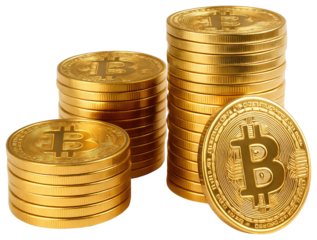 Stacked and Single Gold Bitcoin Coins with B Symbol on White Background cryptocurrency digital currency isolated on a transparent background
