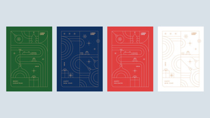 Merry Christmas! Happy New Year! A set of postcards in geometric style. Strokes are editable
