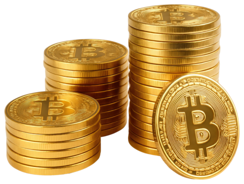 Stacked and Single Gold Bitcoin Coins with B Symbol on White Background cryptocurrency digital currency isolated on a transparent background - Powered by Adobe