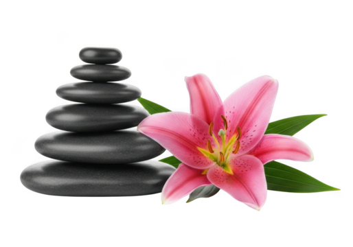 Zen stones with pink lily flower isolated on transparent background