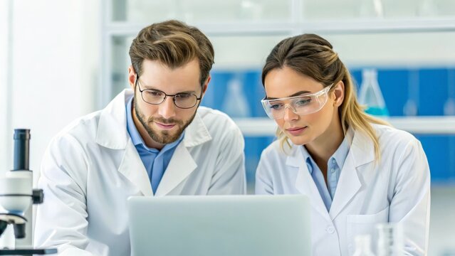 Two researchers studying research on a laptop in a lab