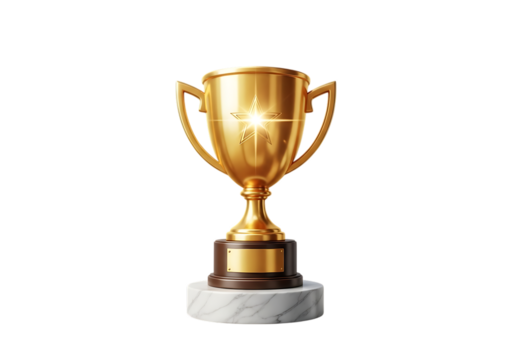 Golden trophy with star emblem on marble stand